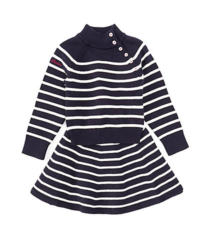 Polo Ralph Lauren Little Girls 2T-6X Long Sleeve Solid Striped Nautical Inspired Sweater & Striped Skirt Set