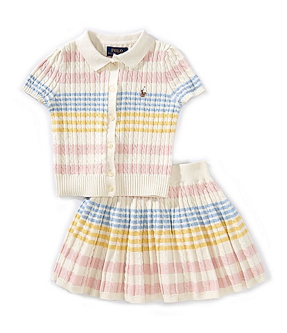 Polo Ralph Lauren Little Girls 2T-6X Puffed-Sleeve Striped Mini-Cable-Pattern Cardigan & Matching Skirt 2-Piece Set