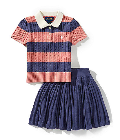 Polo Ralph Lauren Little Girls 2T-6X Short Sleeve Striped Mini-Cable Polo Sweater & Solid Skirt Set