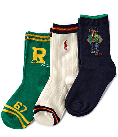 Polo Ralph Lauren Little/Big Boys 4-11 Back To School Bear Assorted Crew-Length Sock 3-Pack