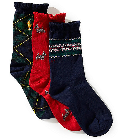 Polo Ralph Lauren Little/Big Girls Quarter Length Tossed Scottie 3-Pack Socks