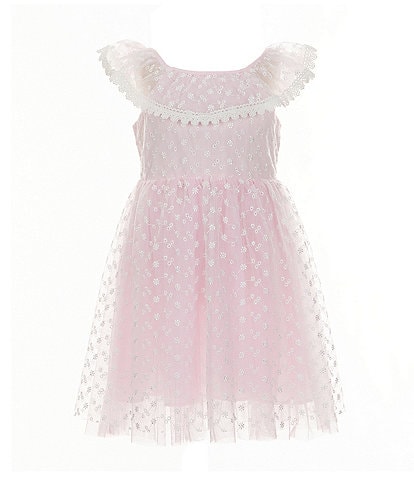 Popatu Little Girls 2-7 Flutter-Sleeve Lace-Trimmed Patterned Fit & Flare Dress
