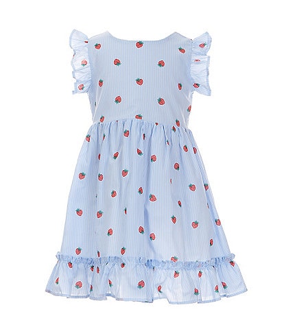 Popatu Little Girls 2-7 Flutter Sleeve Striped/Strawberry Printed Fit & Flare Dress