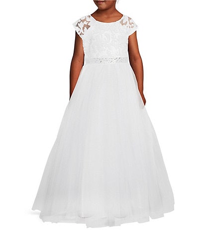 Poppies and Roses Big Girls 7-16 Cap Sleeve Jeweled Waist Lace-To-Tulle Dress