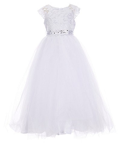 Poppies and Roses Big Girls Cap Sleeve Jeweled Waist Lace-To-Tulle Dress