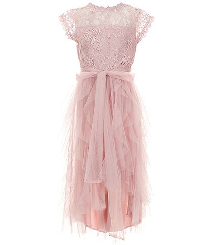 Poppies and Roses Big Girls 7-16 Flutter-Sleeve Lace-Bodice/Cascading Mesh High-Low-Hem Ballgown