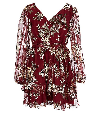 Poppies And Roses Big Girls 7-16 Long-Sleeve Chiffon Foil Floral Dress