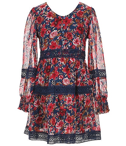 Poppies and Roses Big Girls 7-16 Long-Sleeve Lace-Trimmed Floral-Printed Fit-And-Flare Dress