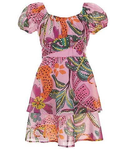 Poppies and Roses Big Girls 7-16 Short Sleeve Tropical Printed Fit-And-Flare Dress
