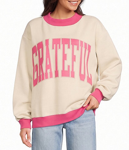 Poppy & Pine Long Sleeve Grateful Mock Neck Pullover Sweatshirt