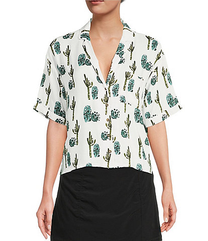prAna Iguala Cactus Printed Short Sleeve Notch Collar Cropped Button Front Top