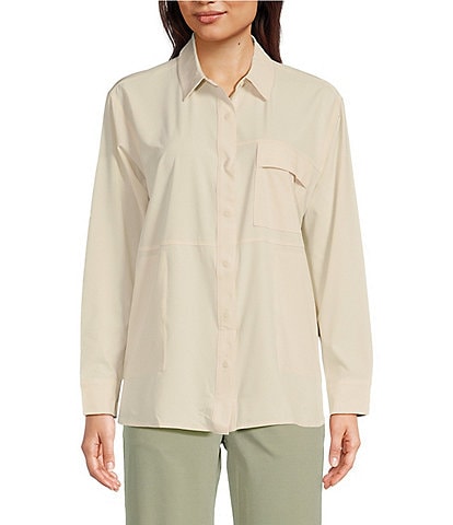 prAna Railay Solid Canvas Stretch Woven Point Collar Long Sleeve Button Front Snap Shirt