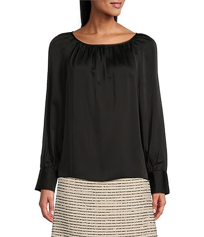 Preston & York Aaliyah Woven Charmeuse Ruched Boat Neck Long Sleeve Button Back Shirttail Blouse