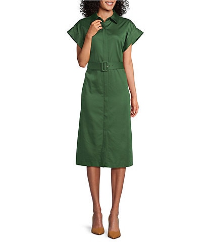 Preston & York Abbott Belted Sheath Point Collar Short Sleeve Midi Dress