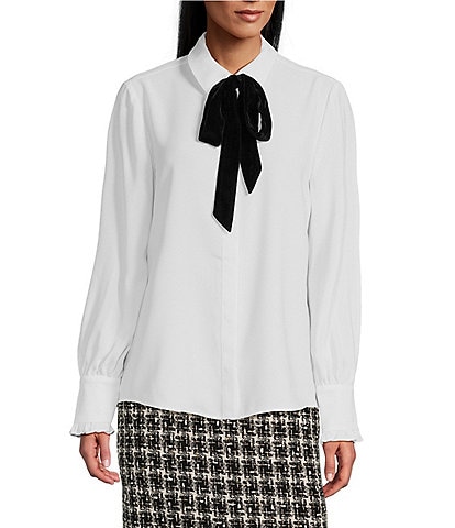 Preston & York Annabelle Woven Crepe de Chine Point Collar Bow Tie Neck Long Sleeve Ruffle Cuff Button Front Blouse