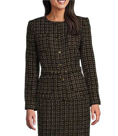 Preston & York Beverly Tweed Round Neck Long Sleeve Button Front Belted Coordinating Jacket