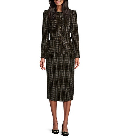 Preston & York Beverly Tweed Round Neck Long Sleeve Button Front Belted Jacket & Jennie Tweed High Rise Column Pencil Midi Skirt