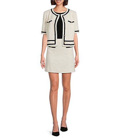 Preston & York Brigid Knit Tweed Button Front Double Pocket Short Sleeve Jacket & Caitlin Knit Tweed Pocket A-Line Skirt