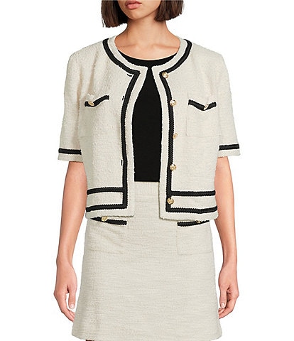Preston & York Coordinating Brigid Knit Tweed Button Front Double Pocket Short Sleeve Jacket