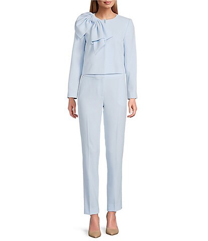 Preston & York Brittani Crepe Oversized Bow Front Crew Neck Long Sleeve Snap Front Coordinating Jacket
