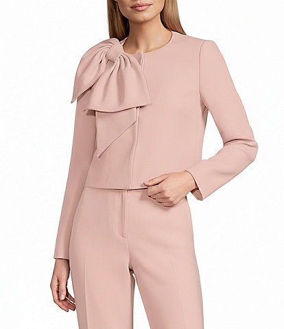 Preston & York Brittani Crepe Oversized Bow Front Crew Neck Long Sleeve Snap Front Coordinating Jacket