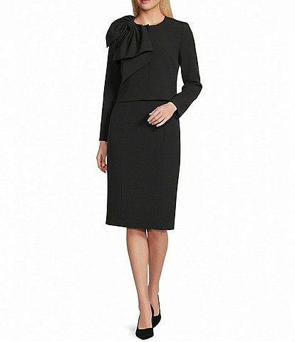 Preston & York Crepe Oversized Bow Front Crew Neck Long Sleeve Snap Front Jacket & Crepe Crew Neck Midi Dress
