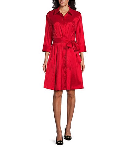 Preston & York Debra Stretch Taffeta Point Collar 3/4 Sleeve Button Front Bow Tie Waist Flounce Knee Length A-Line Shirt Dress