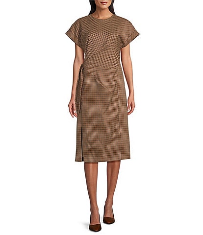 Preston & York Emberly Check Crew Neck Dropped Short Sleeve Tie Side Column Midi Dress