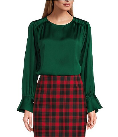 Preston & York Florence Woven Satin Crew Neck Ruched Long Flounce Sleeve Blouse