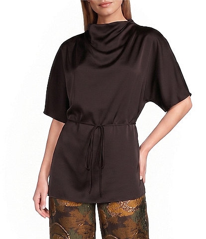 Preston & York Giselle Satin Mock Neck Short Sleeve Blouse