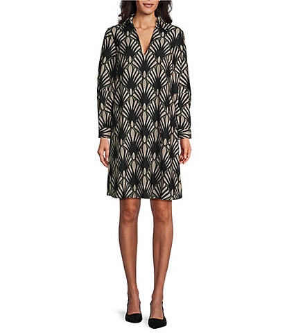 Preston & York Hera Fall Palm Print Shirting Point Collar V-Neck Long Sleeve Above the Knee Shift Dress