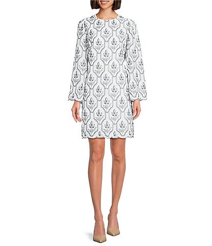 Preston & York Jeanne Embroidered Round Neck Long Sleeve Sheath Dress