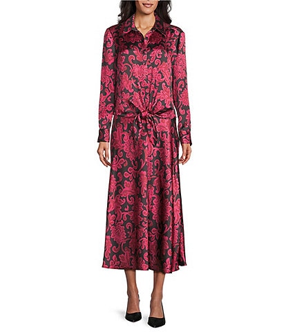 Preston & York Kinsley Tie From Hem Button Front Collard Long Sleeve Coordinating Blouse
