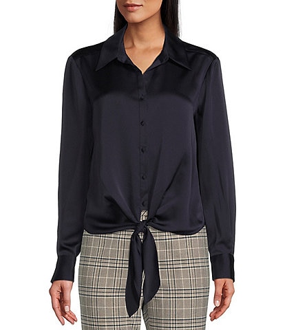 Preston & York Kinsley Tie Hem Button Front Collar Long Sleeve Fabric Button Front Satin Shirt