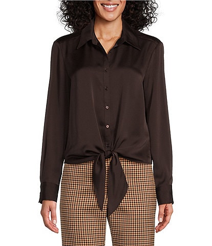 Preston & York Kinsley Tie Hem Button Front Collar Long Sleeve Fabric Button Front Satin Shirt