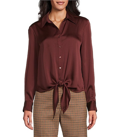 Preston & York Kinsley Tie Hem Button Front Collar Long Sleeve Fabric Button Front Satin Shirt