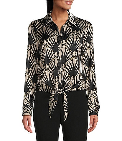 Preston & York Kinsley Woven Satin Fall Palms Print Point Collar Long Sleeve Button Front Tie Waist Blouse