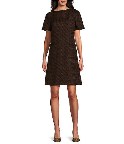 Preston & York Leona Tweed Fringe Boat Neck Short Sleeve A-Line Above the Knee Dress