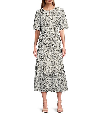 Preston & York Lisa Floral Paisley Print Short Sleeve Embroidered Round Neck Tie Waist Scallop Trim Midi Dress