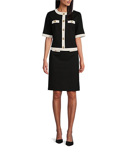 Preston & York Lucinda Short Sleeve Ponte Jacket & Mildred Ponte Knee Length Coordinating Pencil Skirt