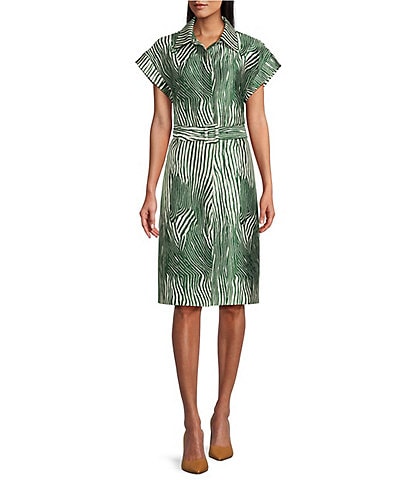 Preston & York Mae Mikado Sheath Button Front Belted Short Sleeve Zebra Print Dress