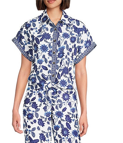 Preston & York Mirabelle Short Sleeve Floral Button Front Collar Coordinating Blouse