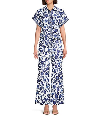 Preston & York Mirabelle Short Sleeve Floral Button Front Collar Coordinating Blouse