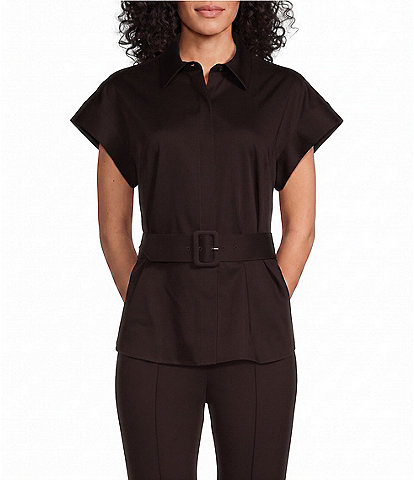 Preston & York Sasha Belted Cap Sleeve Point Collar Blouse