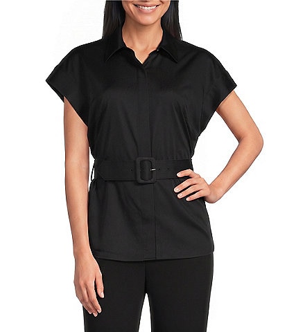 Preston & York Sasha Belted Cap Sleeve Point Collar Blouse