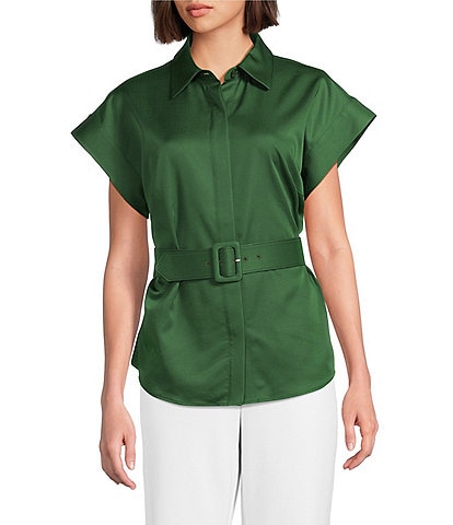 Preston & York Sasha Belted Short Sleeve Point Collar Blouse