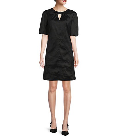 Preston & York Sue Stretch Taffeta Keyhole Neck Short Sleeve Shift Dress