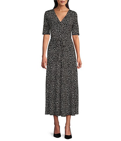 Preston & York Sydney Antelope Print Knit V-Neck Short Sleeve Tie Waist Faux Wrap Midi Dress