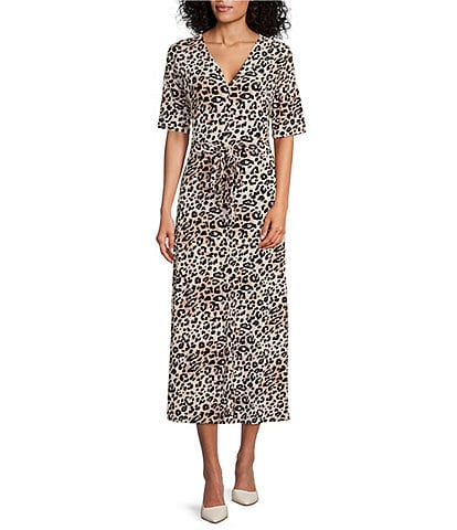 Preston & York Sydney Leopard Print Knit V-Neck Short Sleeve Midi Dress