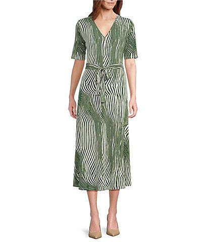 Preston & York Sydney Zebra Print V-Neck Short Sleeve Tie Waist Midi Dress
